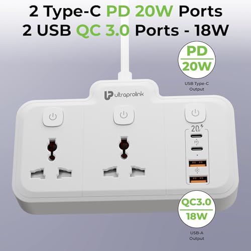 Image of UltraProlink 6 in 1 Surge Extension Board |Device Safety with ISI Approved Heavy Duty Cable-2m|6 Ports-2 Fast Charge Type-C(PD 20W)2 USB-A Ports & 2 AC Sockets|Overload Protection|Made in India|UM1272
