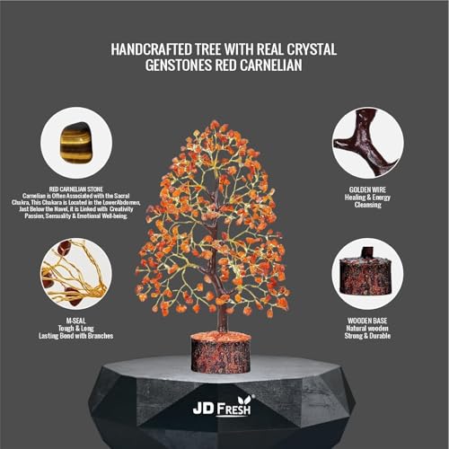 Image of JD FRESH Certified Red Carnelian Crystal Tree for Motivation /Creativity /Confidence /Natural Gemstone Healing Tree for Positive Energy /Courage /Success /300 Beads Stone Bonsai Feng Shui Home Decor Gift