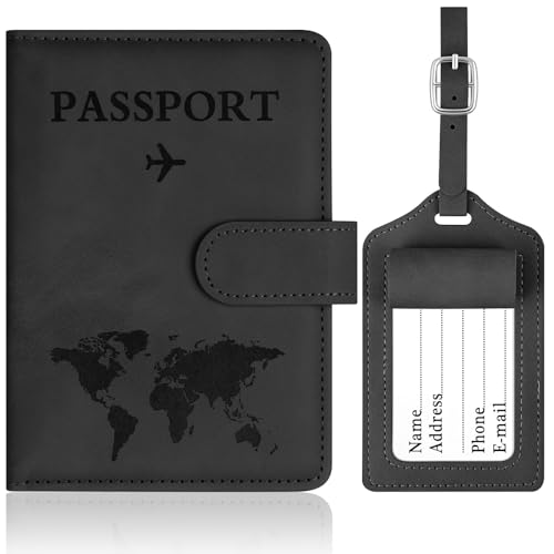 OFFCUP Custodia per Passaporto, Custodie Porta Passaporto con Blocco RFID, Custodia Passaportos con Etichetta Valigia in Pelle PU per Carte d'Identità Carte di Credito, Passaportos Pass (Nero)