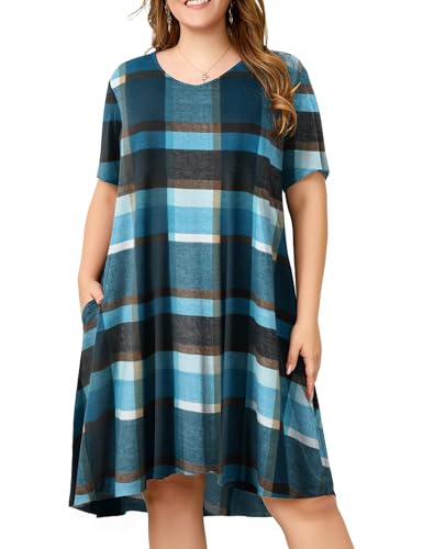 Image of OVERWORETY Womens Short Sleeve Plus Size T-Shirt Dress V Neck Casual Loose Swing A-Line Summer Tunic Dresses with Pockets