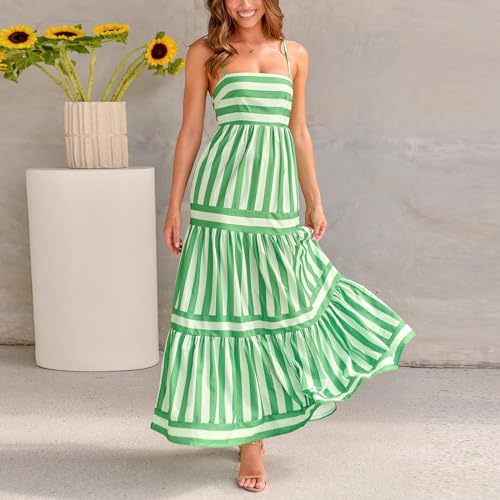 Image of Yuemengxuan Boho Maxi Dresses for Women Spaghetti Strap Flowy Smocked Long Dress Casual Summer Vacation Beach Maxi Dress