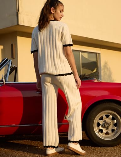 Image of Lumister Two Piece Sets for Women Sweater Sets Short Sleeve Knit Pullover Tops Wide Leg Pants Lounge Sets
