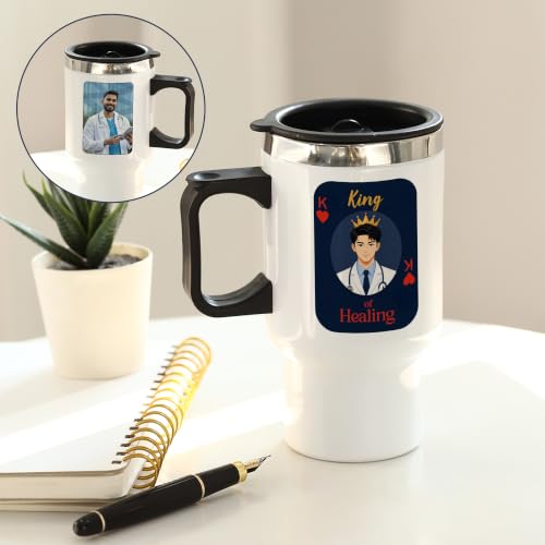 Image of IGP Personalized King of Healing Travel Mug | Same Day Delivery | Custom Photo | 400ml Coffee Mug | Lid & Handle | Doctor Appreciation Present