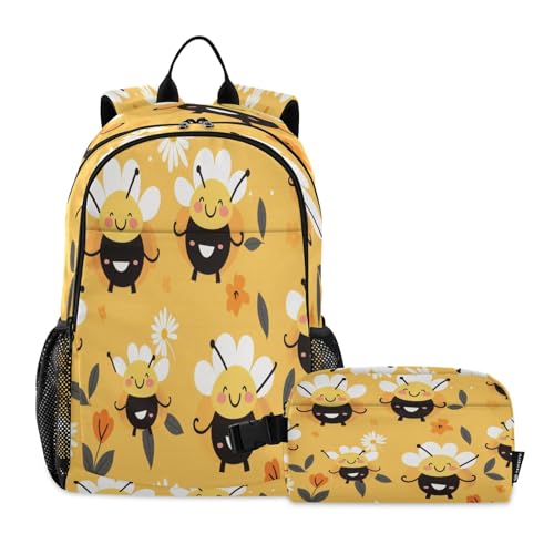 Sac à dos motif fleur d'abeille multicolore taille unique avec boîte repas assortie