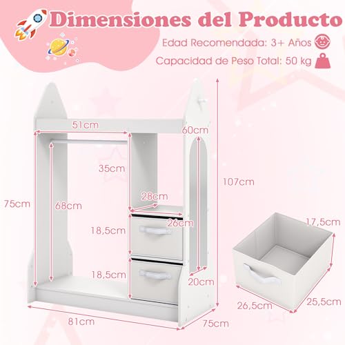 Miniatura 3 de Costway Armario De Almacenamiento Para Niños Con Espejo Acrílico, Perchero De Ropa, Armario De Madera Para Niños Con Estantes Abiertos, Cajas Plegables De Tela, Organizador Para Ropa De Bebés Blanco