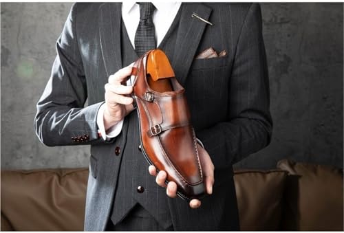 Dress Oxford for Men Slip On Square Burnished Toe Genuine Leather Double Monk Strap Low Top Non Slip Rubber Sole Outdoor3