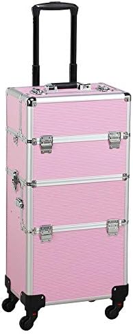 Topeakmart 3 In 1 Aluminum Professional Rolling Cosmetic Case, Beauty Storage Trolley, Make Up Storage Organizer, Makeup Travel Case - With Wheels, Folding Trays and Large Compartments - Pink
