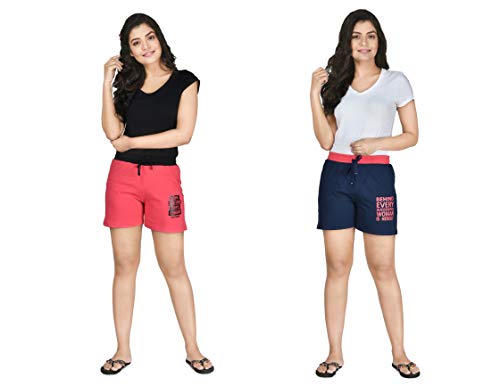 Image of Club A9 Women's Cotton Printed Shorts | Short Pants | Hot Pants (Pack of 2) (XL, Dark Pink, Navy Blue)