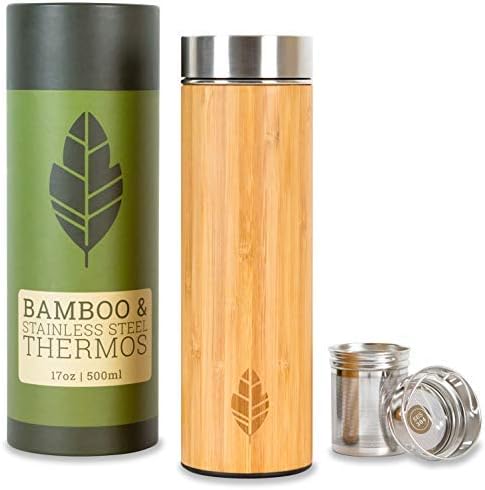 Insulated Bamboo Tumbler with Tea Infuser & Strainer by MyHomeIdeas | Stainless Steel Coffee & Tea Flask Gift Bottle | Vacuum Insulated Travel Mug | Loose Leaf Detox Brew & Fruit Thermos | 17oz