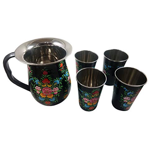 India Meets India Christmas,Handicraft, Stainless Steel Drinking Water Jug with 4 Glasses Gifting Set,Multicolor,Best for Gifting, Gift Made by Awarded Indian Artisan