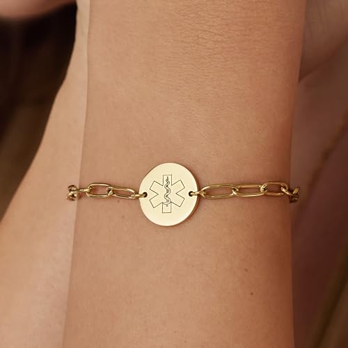 Medical Alert ID Bracelet for Women, Paperclip Adjustable Customized Medic Jewelry 18k Gold Rose Silver, Personalized Engraving, Hypoallergenic Waterproof, Includes Gift Box & Med ID Wallet Card2