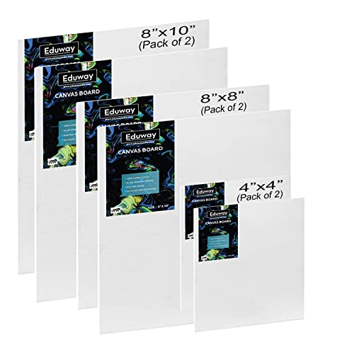 Image of Eduway Canvas Board for Painting- (4 inchx4 inch, 8 inchx8 inch, 8 inchx10 inch) 2 pcs each | Premium Quality 7Oz Pre-Primed Cotton Canvas Board for Artists & Beginners | Ideal for Acrylic, Oil, Gouache, Pastels Colors ( Pack of 6) (10x10,20x20, 20x25 cms).