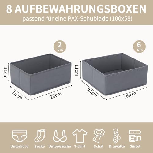 LAJIAKE 8er Set Schubladen Organizer passend für PAX Kleiderschrank 100×58 cm Faltbar Schubladeneinsatz für Kleidung & Kinderkleidung, modulares Design, stabil, Grau