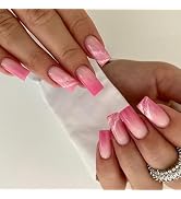 Square Press on Nails Long Fake Nails Ombre Red False Nails with Design Marbling Gel Glue on Nail...