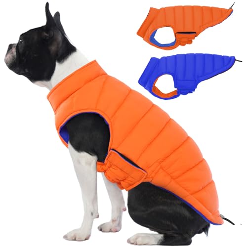 Image of Lelepet Reversible Dog Coat Windproof Dog Puffer Jacket Lightweight Vest | Soft Puffer Vest Warm Winter Coats for Medium Dogs Adjustbale Hook & Loop Pet Apparel with Leash Hole, Pug, Orange, M