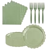EVYIENEN 75pcs Sage Green Paper Plates and Napkins,25 Guest Sage Green Scalloped Paper Tableware Forks Disposable Dinnerwaret Kit for Baby Shower Bridal Wedding Birthday Party New Year Decorations