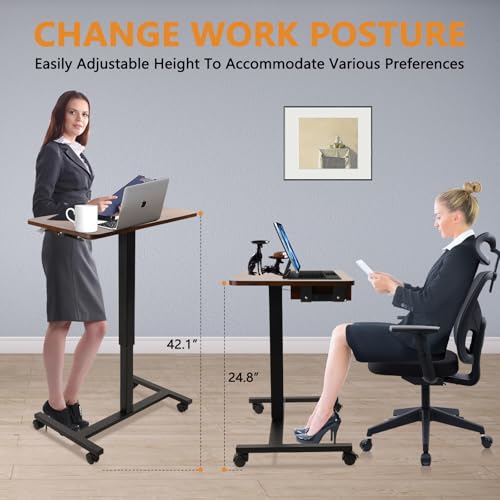 Image of CLATINA Mobile Laptop Standing Desk Adjustable Height, Computer Desk Teacher Podium with Lockable Wheels, Work Table with Drawer, Portable Rolling Side Table Bed Desks for Home Office Classroom, White
