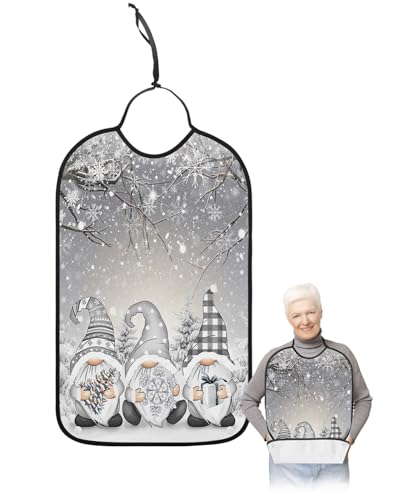 LEOKOTI Grey Gnomes Christmas Adult Bibs for Eating, Waterproof Bibs with Food Catcher & Adjustable Snap Closure, Xmas Tree Winter Snowflake Washable Clothing Protectors Adult Bibs for Elderly