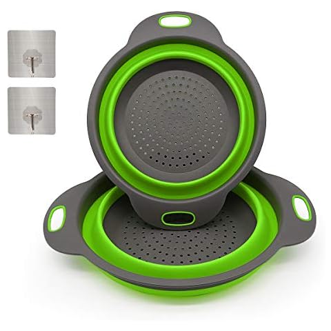 CCUCKY 2 Sizes Collapsible Colander Set with 2 Piece Wall Stick Hooks,Silicone Kitchen Strainer,Folding Base,Space-Saver Filter Baskets for Fruit,Vegetable,Pasta (Green) Cover