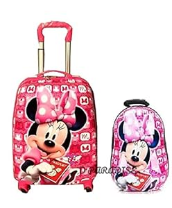 Ds PARADISE Polycarbonate Cartoon Print 16 inches Mickey Minnie Mouse Suitcase/Trolley and 13 inches Hardshell Bag for Kids and Girls/Boys (Pink)