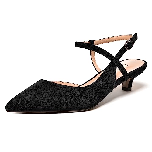NUMALEO Womens Dress Suede Fashion Ankle Strap Pointed Toe Wedding Buckle Kitten Low Heel Pumps Shoes 1.5 Inch