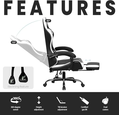Image of N-GEN GAMING Gaming Chair, Footrest, Lumbar, High-Back, White Black | Reclining Backrest, Linkage Armrests, Durable PU Leather, Adjustable Comfort for Extended Computer, Desk, or Home Office Use