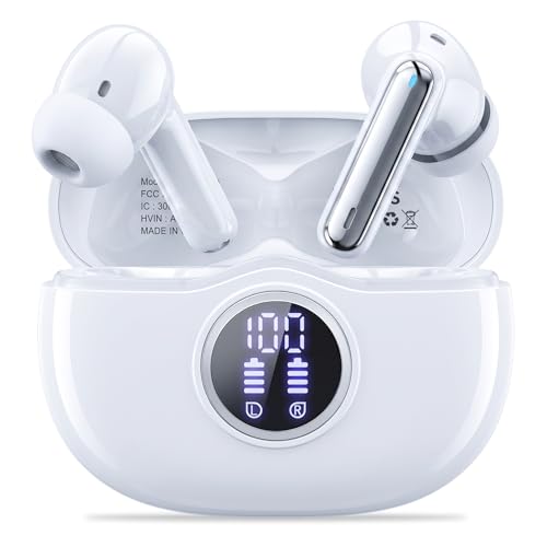 Fhumsh Bluetooth 5.3 Earbuds HiFi Stereo 50H LED Display ENC Mic IPX7 Waterproof Wireless Earphones for Gym/Running/Work White