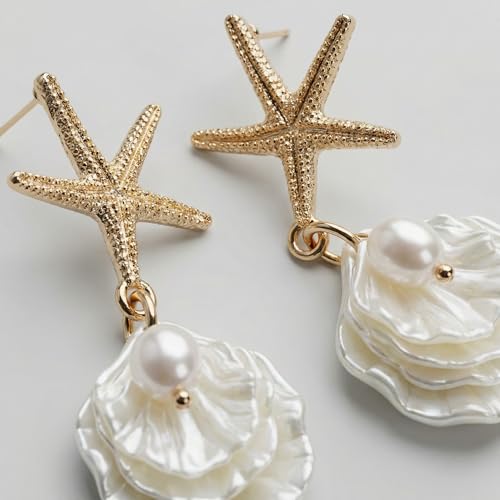 Image of Gold Starfish Mermaid Tail Dangle Drop Earrings for Women, Trendy Cute Pearl Fish Tail Shell Textured Hoop Dangling Earing Summer sea Beach Jewelry Gift.