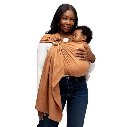 Image of WildBird - Ring Sling Baby Carrier - 0-36 Months (up to 35 lbs) - Long (90 inch) Willow & Gold Ring - Front, Hip or Back Carry - Adjustable Fit - Natural Linen - Baby Essentials - New Mom Gifts