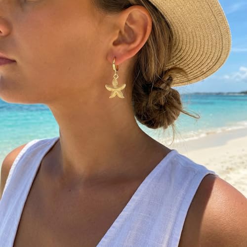 Image of Gold Starfish Mermaid Tail Dangle Drop Earrings for Women, Trendy Cute Pearl Fish Tail Shell Textured Hoop Dangling Earing Summer sea Beach Jewelry Gift.