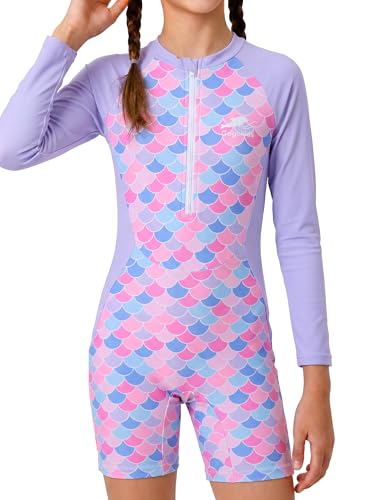 Gogokids Girls One Pieces Swimsuits Long Sleeve Rash Guard Suits UPF 50+ Bathing Suits Zipper Quick Dry Swimwear,Purple Fish Scale,11-12 Years