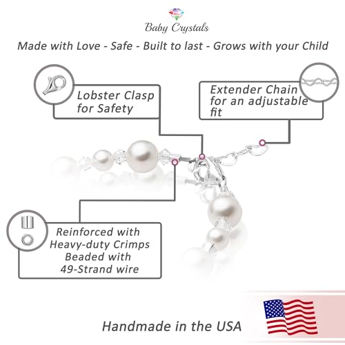 Image of Baby Crystals White Pearl Personalized Bracelets for Girls, Sterling Silver Initial Cross Charm Bracelet, Christening, Communion Baptism Gifts for Girl, Birthday Gifts, Girls Jewelry