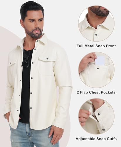 Little Donkey Andy Men's Faux Leather Jacket, Slim Fit Stretch Classic Windbreak Jacket Lapel Collar Button Down Microfleece3