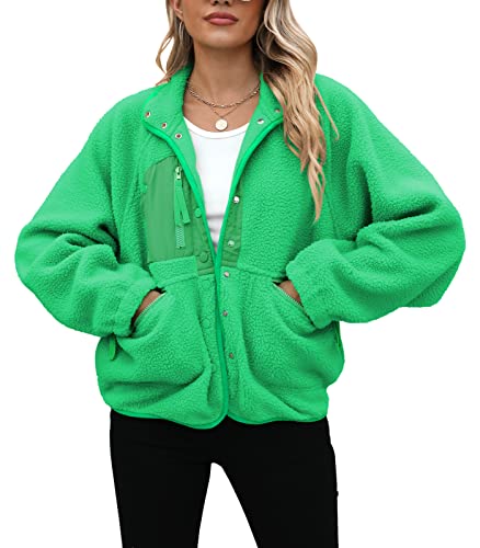 Yanekop Womens Fleece Jacket Fuzzy Long Sleeve Short Coats Button Down Sherpa Outerwear With Pockets(Fluorescent Green,M) #TOP2