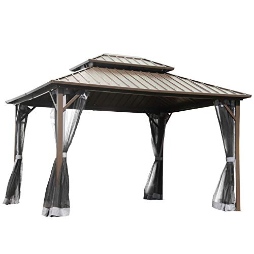 Outsunny 12'x 10' Double Roof Hardtop Patio Gazebo with 4 Side Nettings, Aluminum