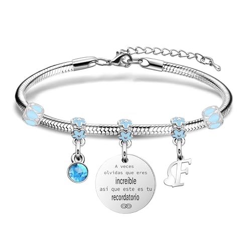 Regalo de pulsera de inspiración,recordatorio plateado de 26 letras pulsera colgante A - Z pulsera hija madre hermana amiga cumpleaños navidad graduación (F)