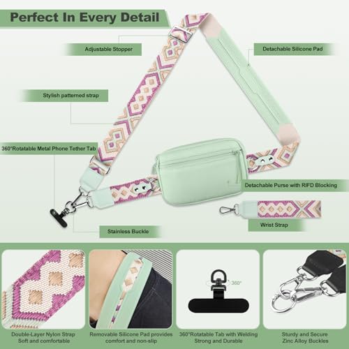 Image of YFWE Clip and Go Strap for Phone with Wallet Crossbody, Adjustable Phone Lanyard with Detachable RFID Wristlet Wallet, Pattern Strap, Green (M)
