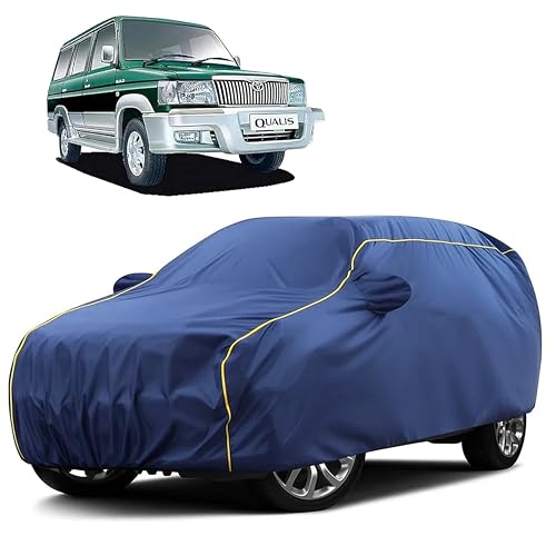 Image of Sulfar 100% Water Resistant Car Body Cover Compatible with Mirror for Toyota Qualis (Triple Stitched, Full Bottom Elastic, Blue Taffeta with Yellow Piping)