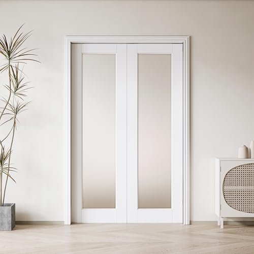 Image of Frosted Glass 1-Lite Sliding Pocket Doors White Standard Door with Hardware Kit Set,60 inchx96 inch