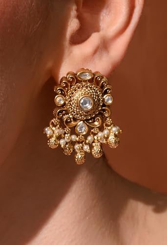Image of Sayda JewelsGold Plated Antique Traditional Jhumka Earring Indian ethnic Temple design studs Chandbali Style Bridal, Wedding & Festive Jewellery For Women & Girls