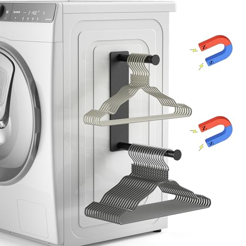 MFTEK Hanger Organizer Stacker, Magnetic Hanger Holder, Extendable Hangers Storage Rack for Washing Machine Closet Laundry Room Organization, Stand Rack for Adult Kids Velvet Hangers (Black)