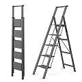 WOA WOA 5 Step Ladder, Lightweight Aluminum Ladder with Handgrip, Portable Folding Stepladder with Anti-Slip Pedal for Home, Office, Kitchen 300lbs - Black