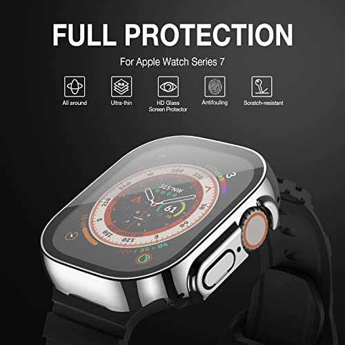 Image of Case Compatible with Apple Watch Ultra 49mm with Built-in Tempered Glass Screen Protector, All-Around Ultra-Thin Bumper Full Cover Hard PC Protective Case for iWatch, Silver