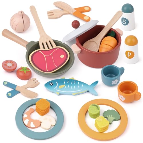 Cocinita de Madera Infantil Juguetes de Cocina para Niños, Juego de Cubiertos de Madera con Ollas y Sartenes, Juguetes Educativos de rol Montessori para Niños Niñas de 3+ Años Cumpleaños Regalo