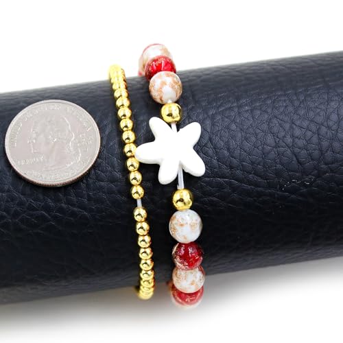 Image of 2 Christmas Couple Bracelets, Santa /Christmas Starfish /Christmas Tree Charm and 4mm Brass Beaded Stretch Bracelet for New Year Gifts for Family and Friends