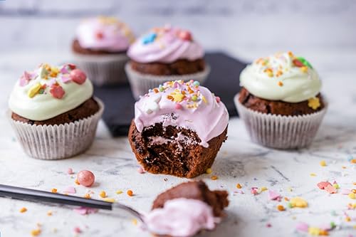 RUF Glutenfreie Muffins Schoko mit Kakaoglasur, Backmischung für schokoladige American Style Muffins, Zöliakie geeignet, inkl. 12 Muffinförmchen