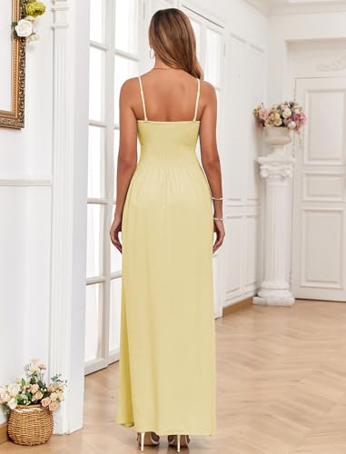 Image of Aigeman Women Detachable Strap Dress Strapless Smocked Bodice Maxi Dress Pockets Long Swing Flowy Beach Sundress 373