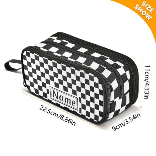 Image of Custom Black White Checkered Pattern Pencil Case Box Boys Girls Personalized Name Large Pencil Pouch Stationery Pen Bag Organizer for Kids Adults School