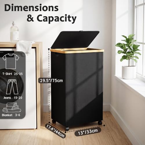 Image of efluky 100L Laundry Basket with Wheels and Lid, Rolling Laundry Hamper with Bamboo Handles and Removable Bag, Dirty Clothes Hamper on Wheels for Laundry Room Organizer, Dorm