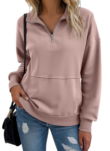 SHEWIN Womens Sweatshirt Casual Half Zip Pullover Solid Long Sleeve Tops Quarter Zip Sweatshirts Trendy Fall Outfits Clothes 2025,US 16-18(XL),Light Pink